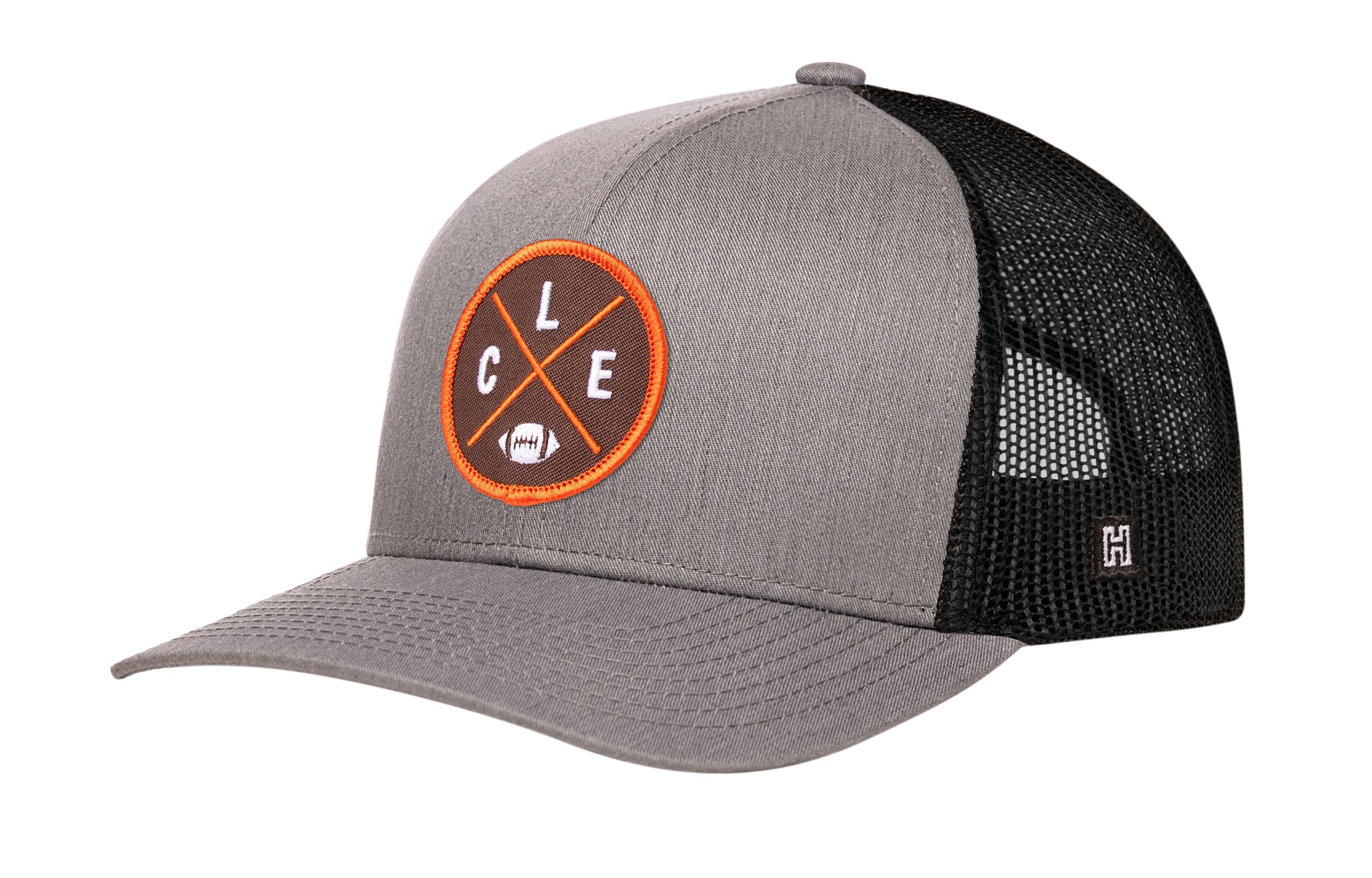 Heather gray trucker hat with orange logo patch and black mesh back