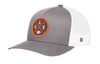 Heather gray trucker hat with orange logo patch and white mesh back