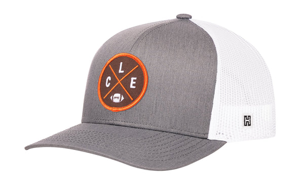 Heather gray trucker hat with orange logo patch and white mesh back