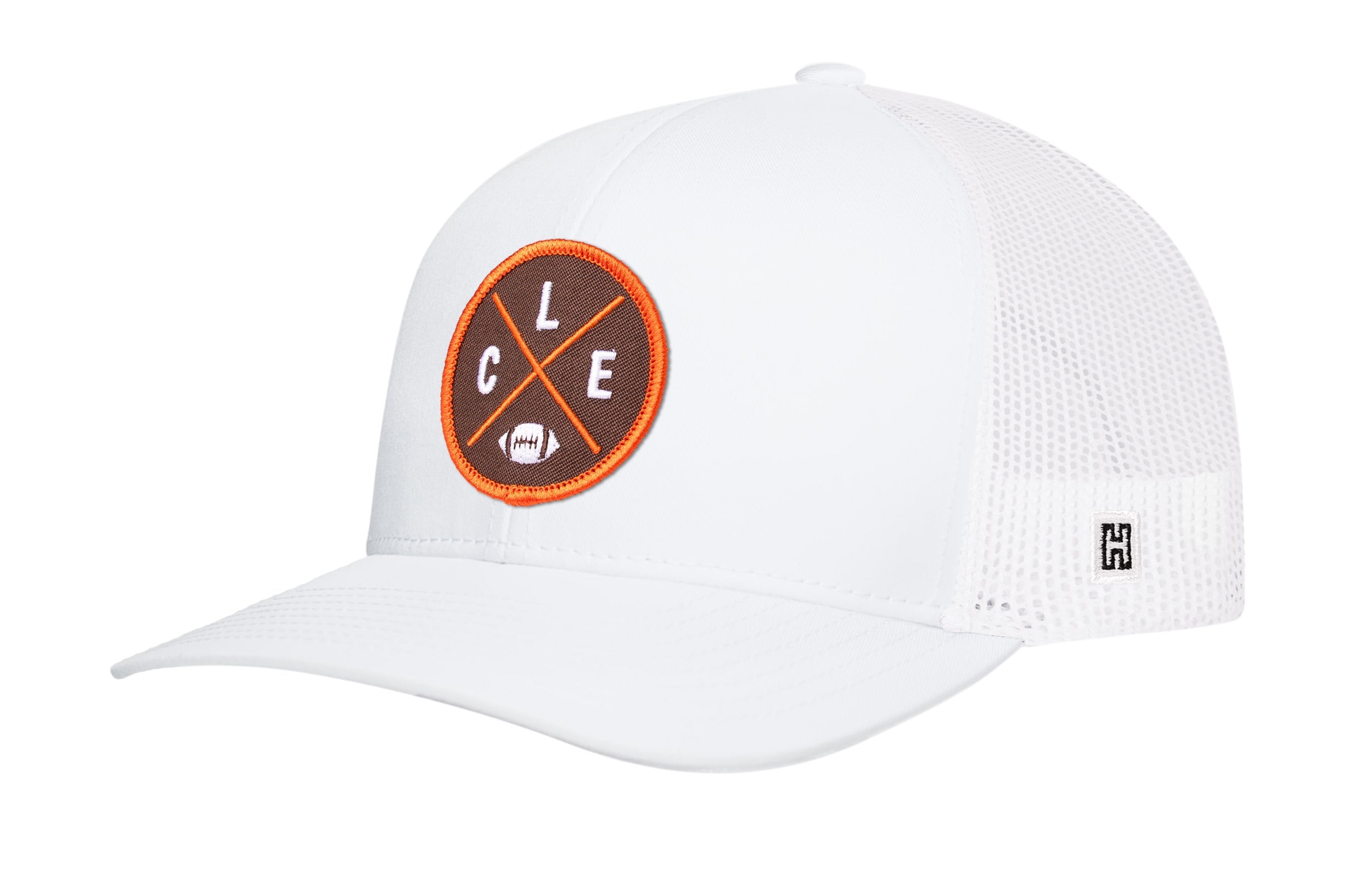 White trucker hat with orange logo patch and white mesh back
