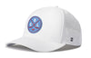 White 5-panel performance snapback hat with front circular logo and side perforations