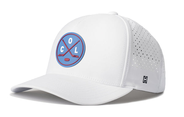 White 5-panel performance snapback hat with front circular logo and side perforations