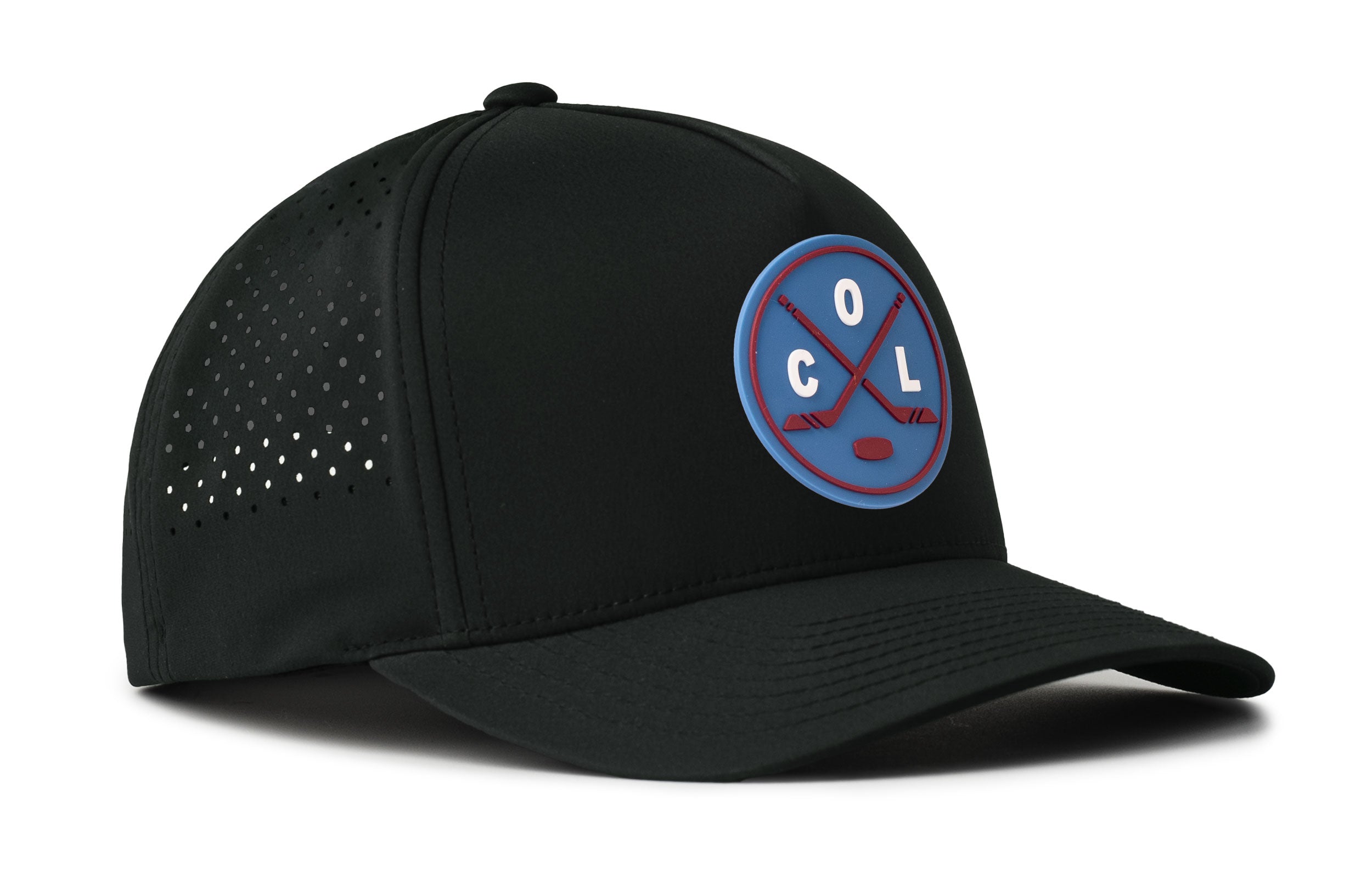 Black 5-panel performance snapback hat, side perforations and front circular logo patch
