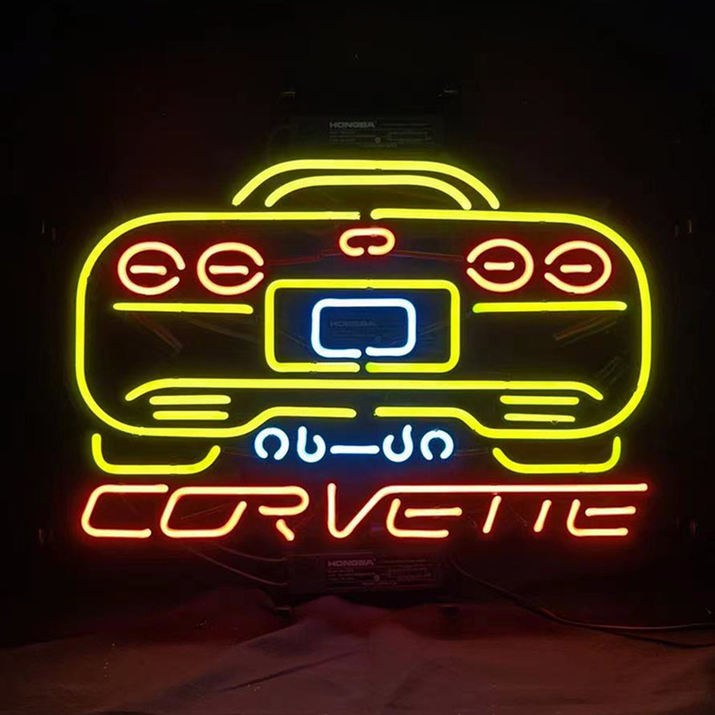Yellow and red neon corvette car sign with front bumper and CORVETTE text
