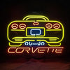 Yellow and red neon corvette car sign with front bumper and CORVETTE text