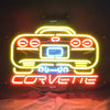 Yellow and red neon corvette car sign with glowing grille and headlights