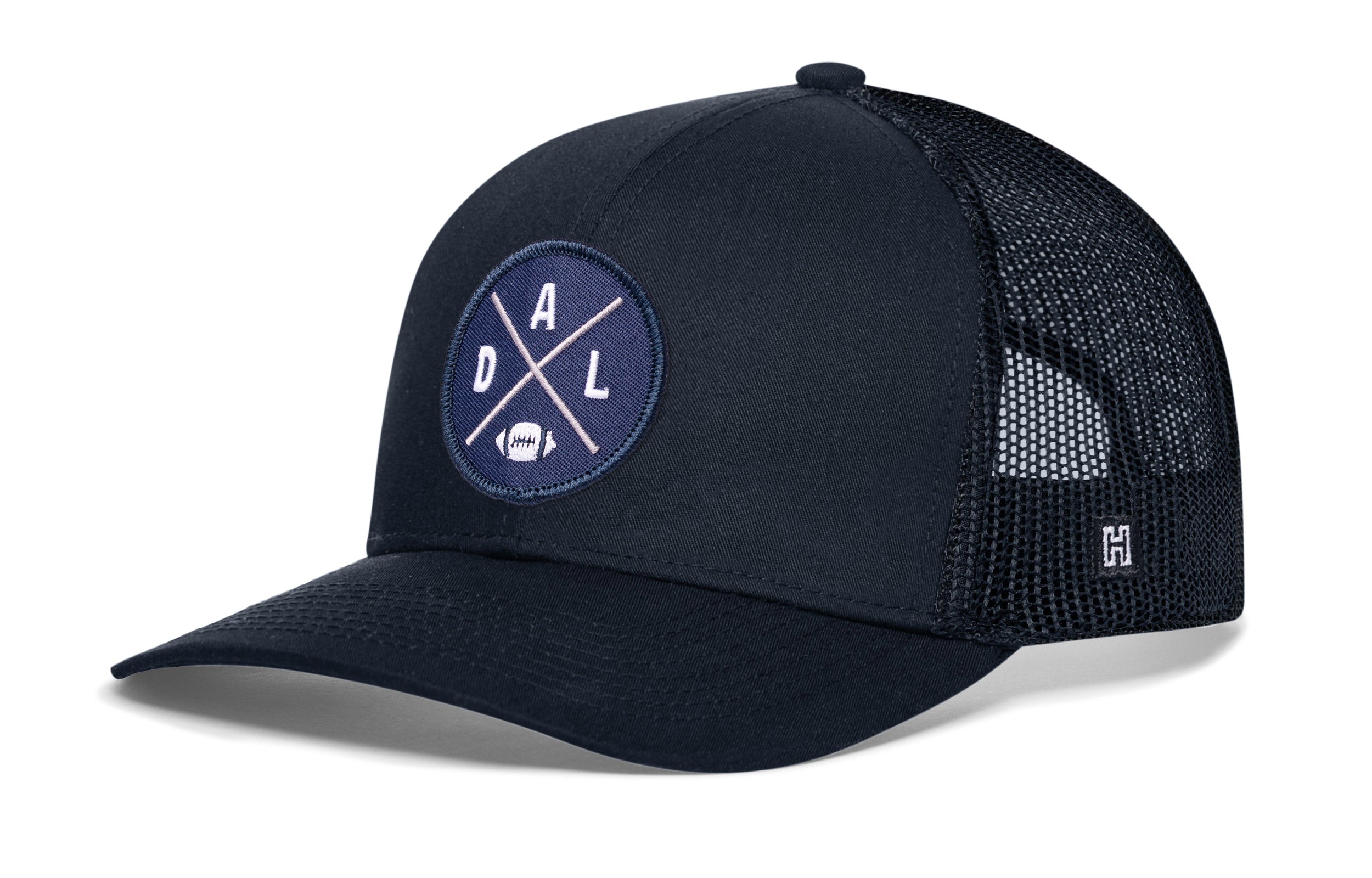 Navy snapback trucker cap with front A D L logo patch and dark mesh side panels