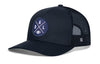 Navy snapback trucker cap with front A D L logo patch and dark mesh side panels