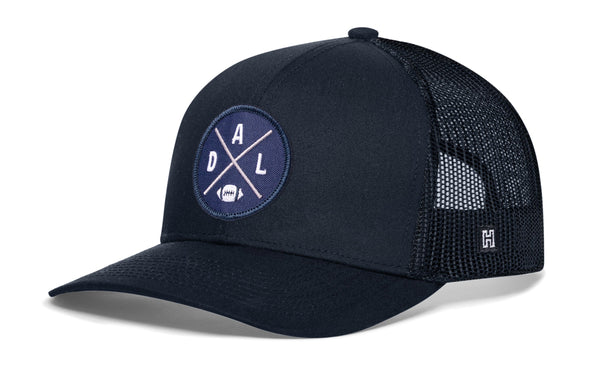 Navy snapback trucker cap with front A D L logo patch and dark mesh side panels