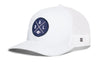 White snapback trucker cap with front A D L logo patch and breathable mesh sides