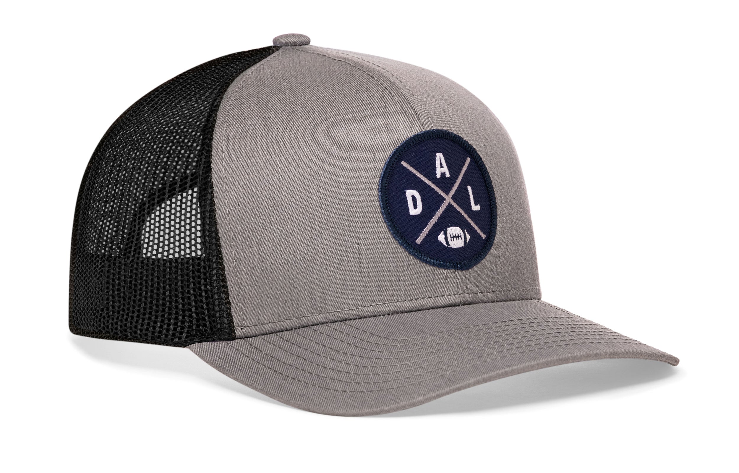 Light gray front snapback trucker cap with A D L logo patch and black mesh back
