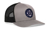 Light gray front snapback trucker cap with A D L logo patch and black mesh back