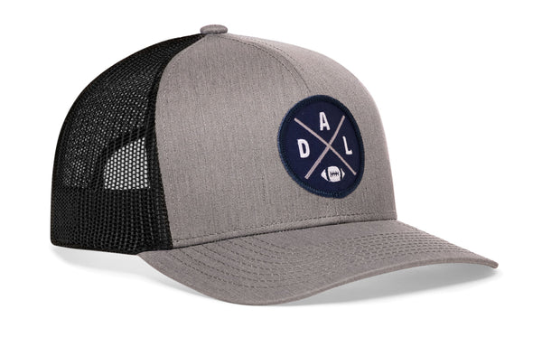 Light gray front snapback trucker cap with A D L logo patch and black mesh back