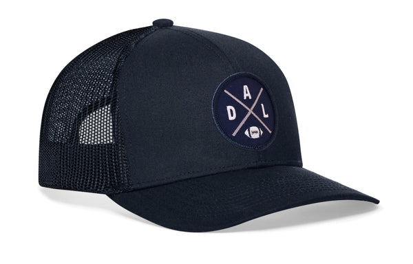 Navy snapback trucker cap with front A D L logo patch and dark mesh side panels