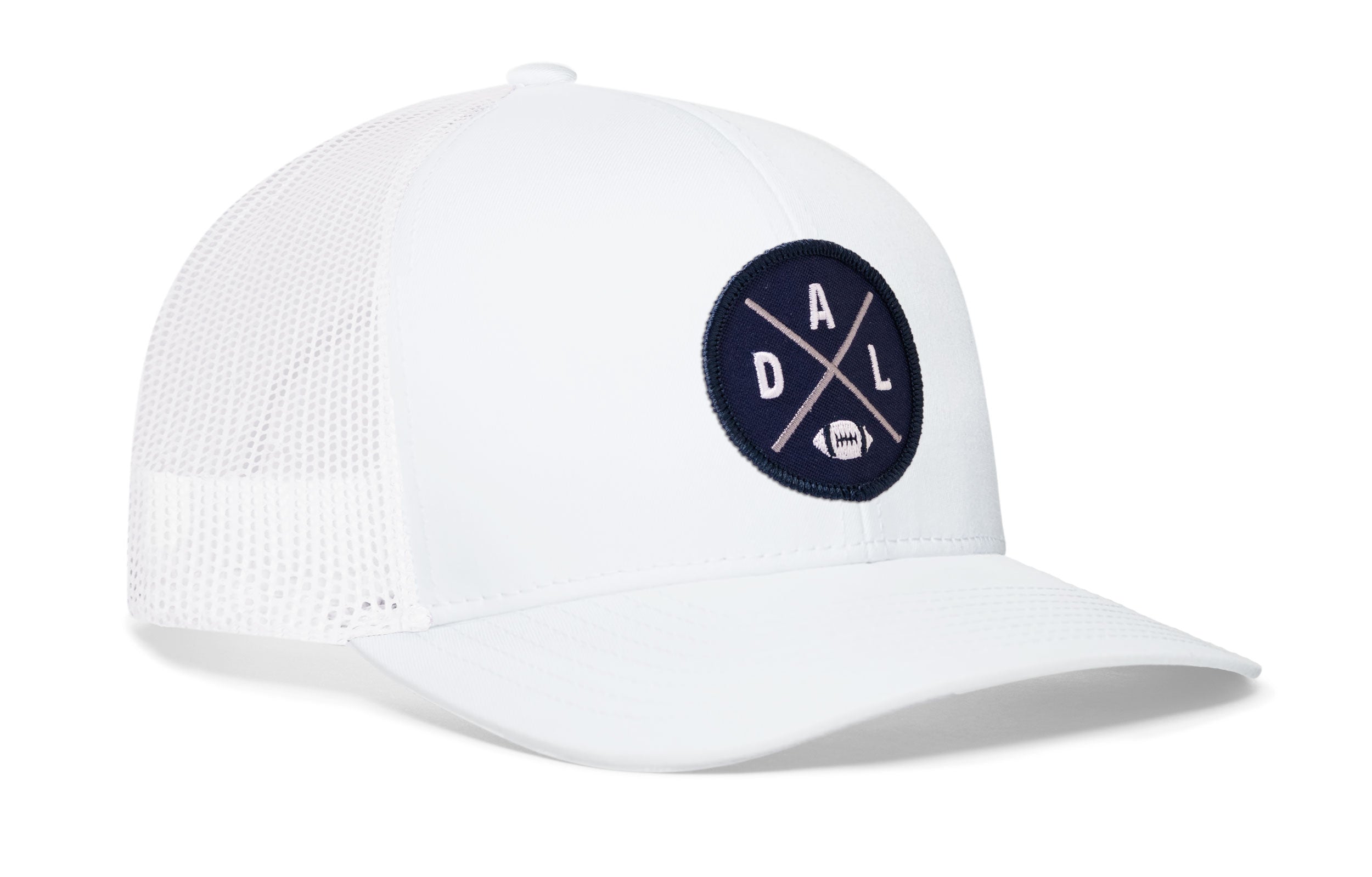 White snapback trucker cap with front A D L logo patch and breathable mesh back