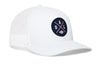 White snapback trucker cap with front A D L logo patch and breathable mesh back