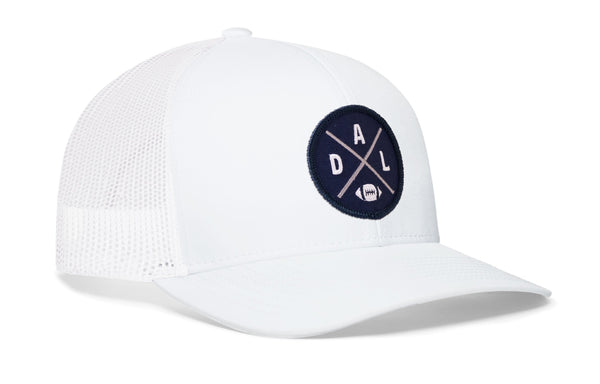White snapback trucker cap with front A D L logo patch and breathable mesh back