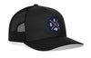 Black snapback trucker cap with front A D L logo patch and breathable side mesh