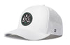 White 5-panel performance snapback hat with DAL X Flexfit logo and side perforations