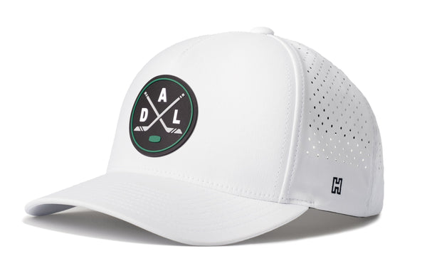 White 5-panel performance snapback hat with DAL X Flexfit logo and side perforations