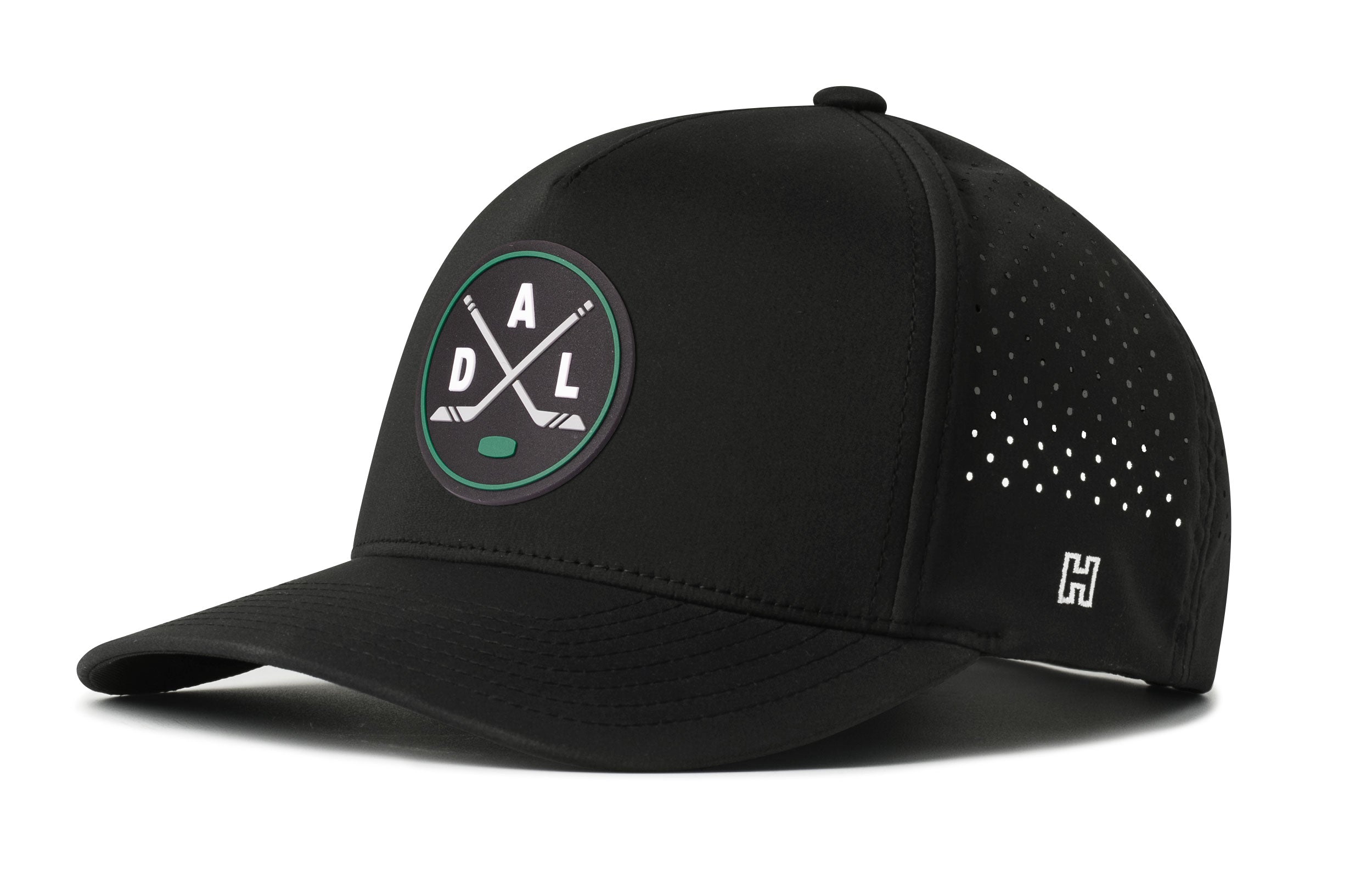 Black 5-panel performance snapback hat with DAL X Flexfit logo and side perforations