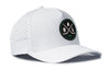 White 5-panel performance snapback hat with rear DAL X Flexfit logo and perforated side