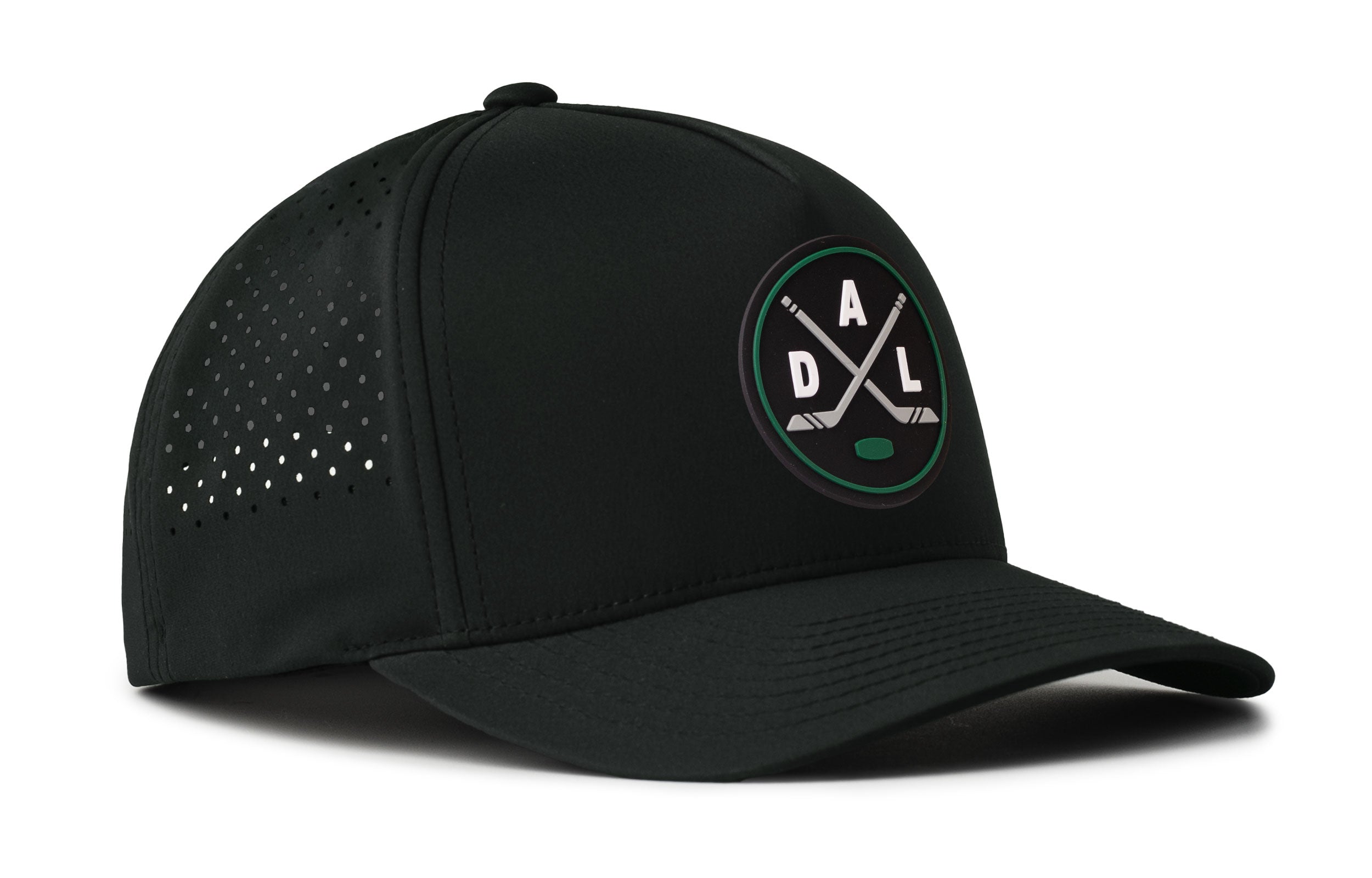 Black 5-panel performance snapback hat with right-side DAL X Flexfit logo and perforations
