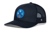 Black baseball trucker hat with blue front logo patch and mesh side panels