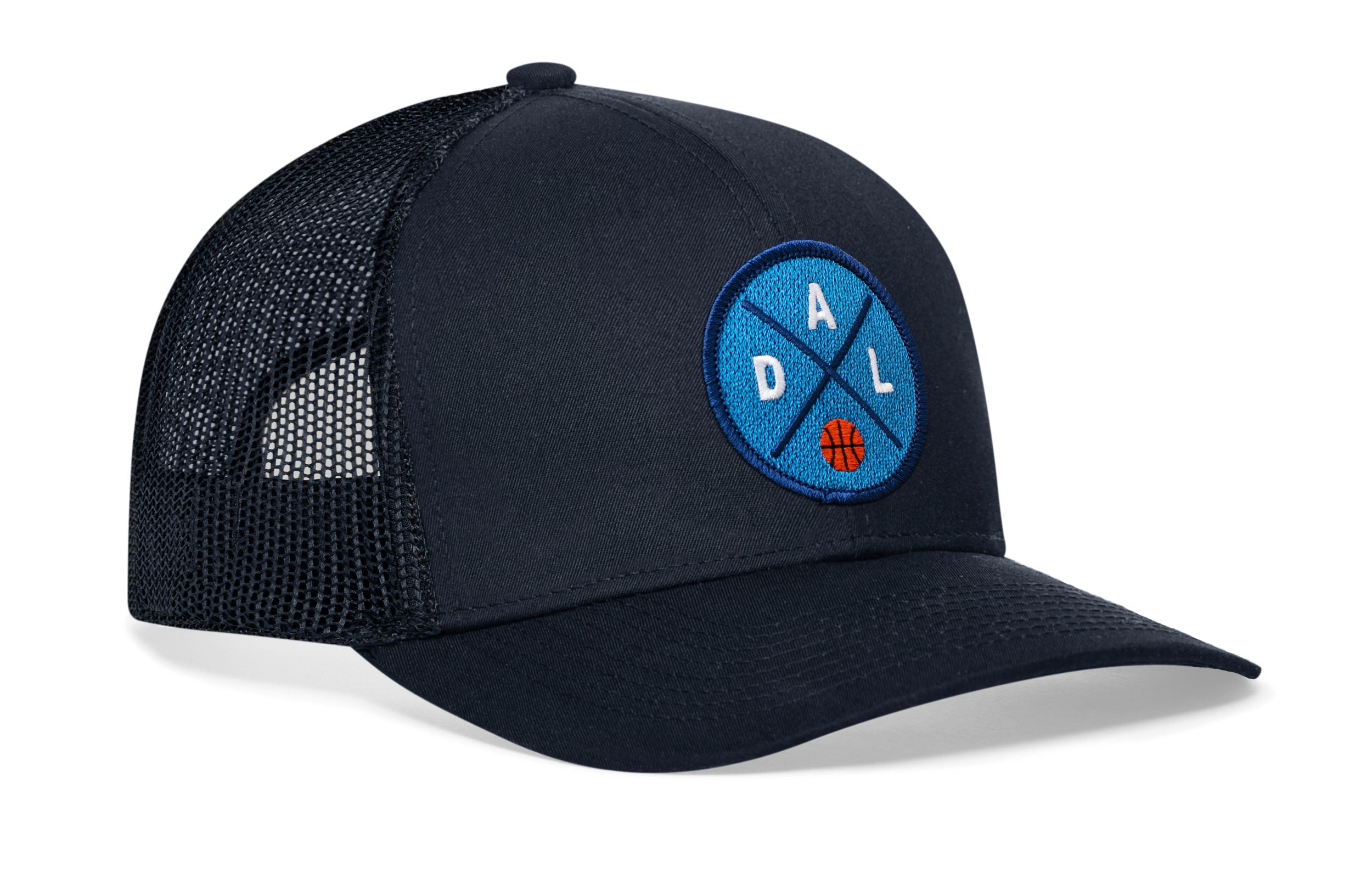 Dark blue baseball trucker hat with mesh sides and blue round logo patch