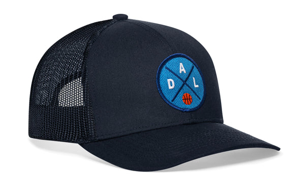 Dark blue baseball trucker hat with mesh sides and blue round logo patch