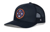 Black trucker hat with orange-outlined round DEN X logo patch and black mesh sides