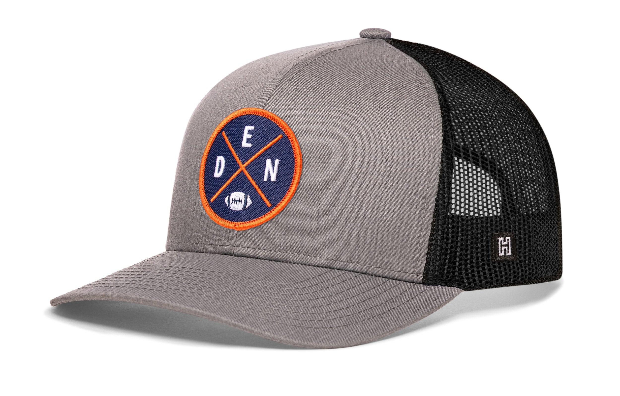 Gray trucker hat with round DEN X logo patch and black mesh side panels