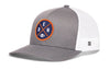 Gray-and-white trucker hat with round DEN X logo patch and white mesh side panels