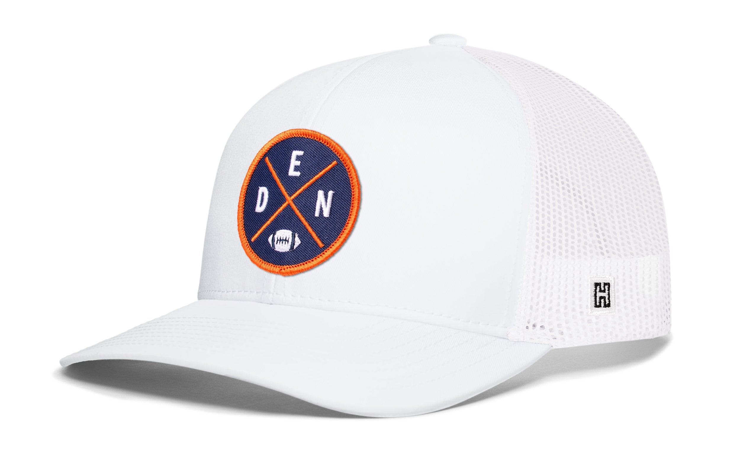 White trucker hat with round DEN X logo patch and white mesh side panels