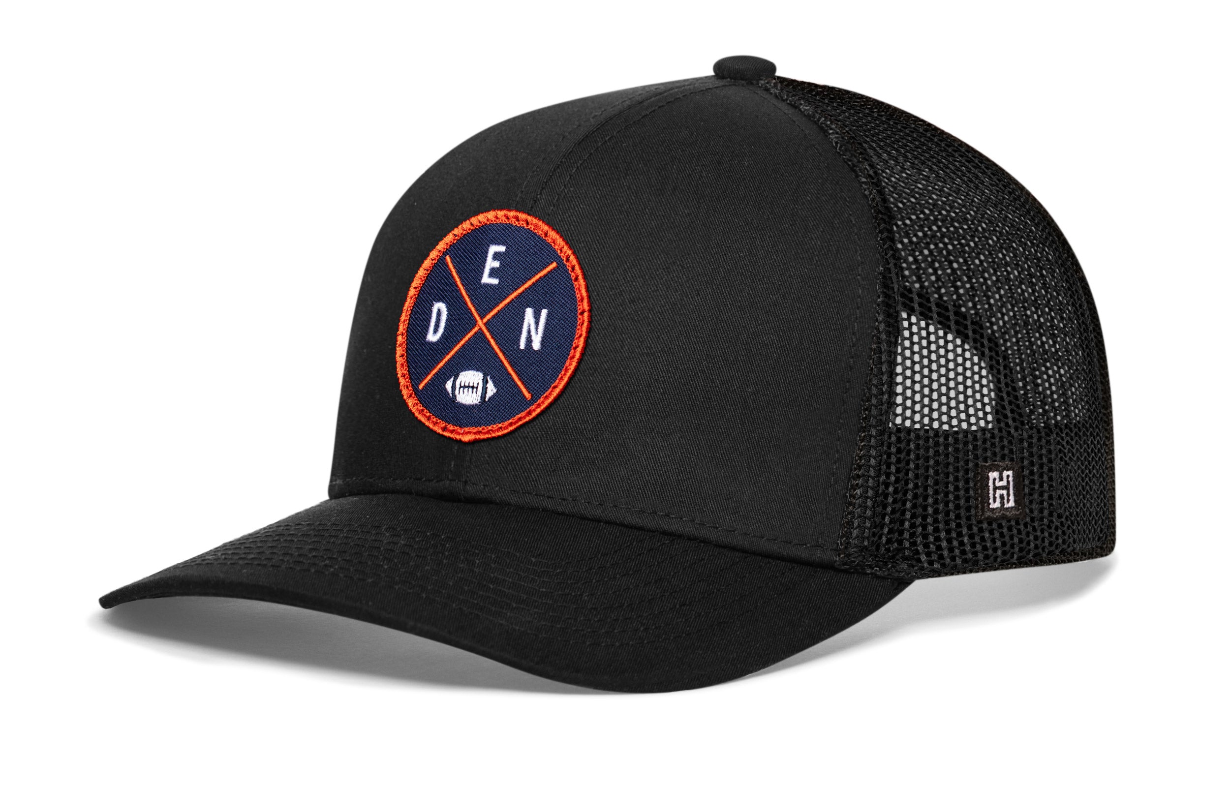 Black trucker hat with round DEN X logo patch and black mesh side panels