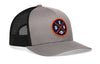 Gray trucker hat with front round DEN X logo patch and black mesh side panels