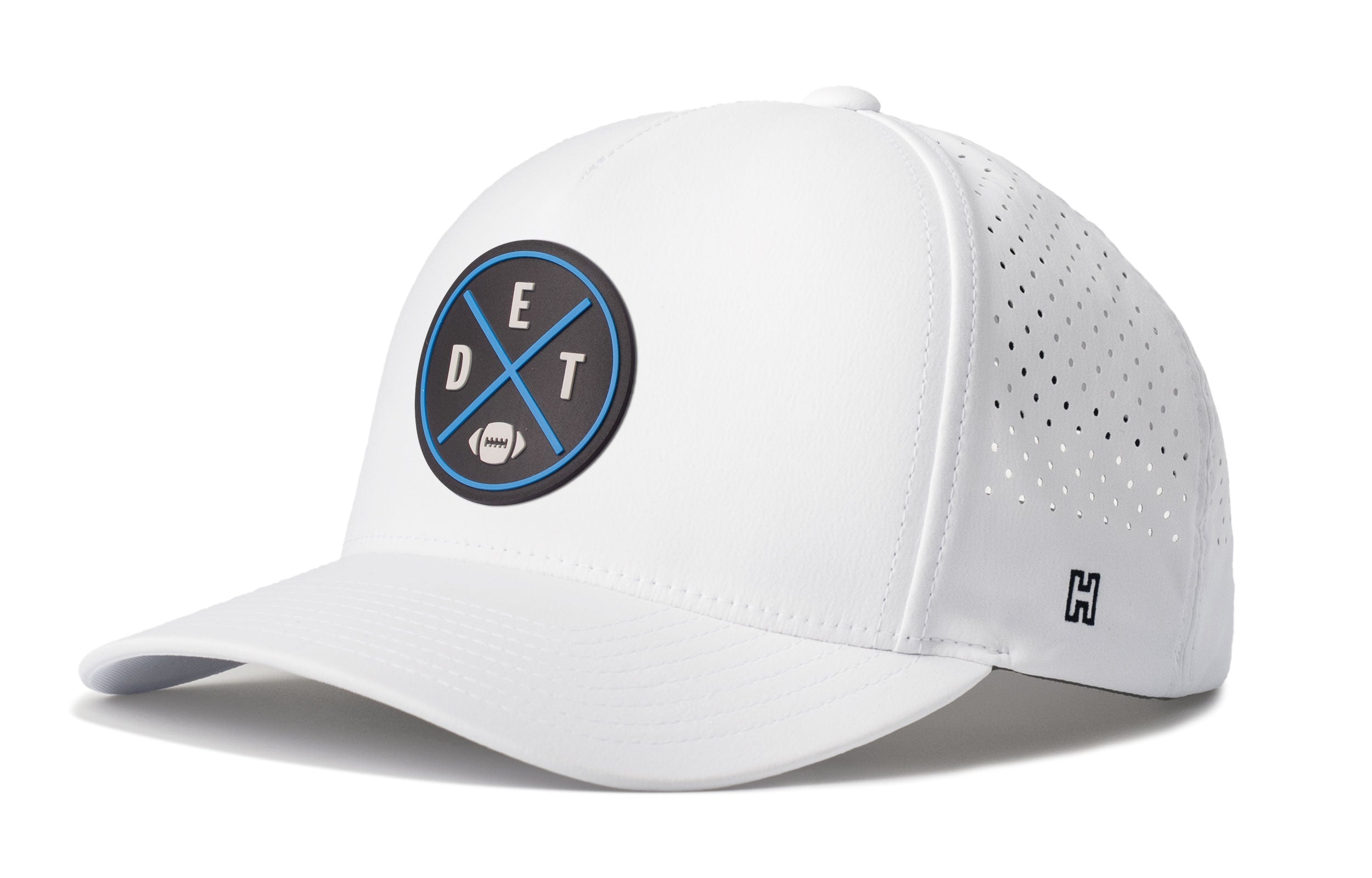 White 5-panel performance snapback hat with curved brim and front logo patch