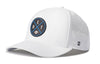 White 5-panel performance snapback hat with curved brim and front logo patch