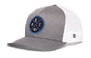 Gray-and-white trucker snapback cap with circular Detroit-style logo patch and mesh back