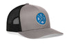 Gray front with black mesh trucker hat, blue DET X logo patch, and curved brim.