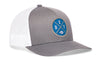 Gray trucker hat with white mesh back and blue DET X logo patch, curved brim.