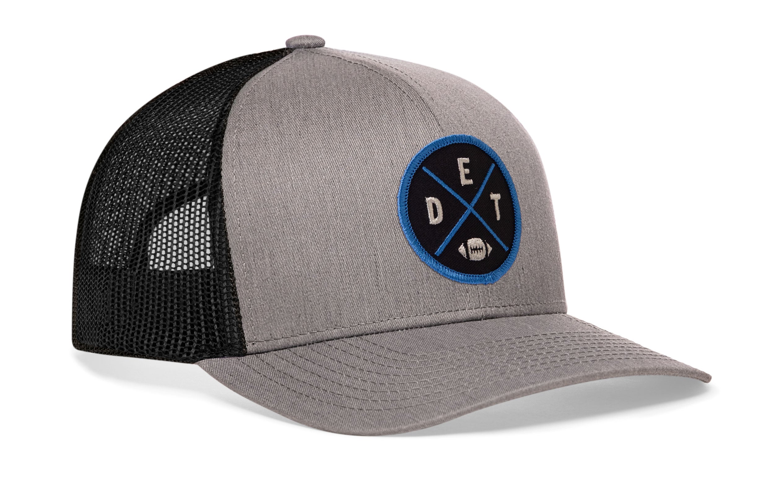 Gray-and-black trucker snapback cap with circular Detroit-style logo patch and side mesh panels