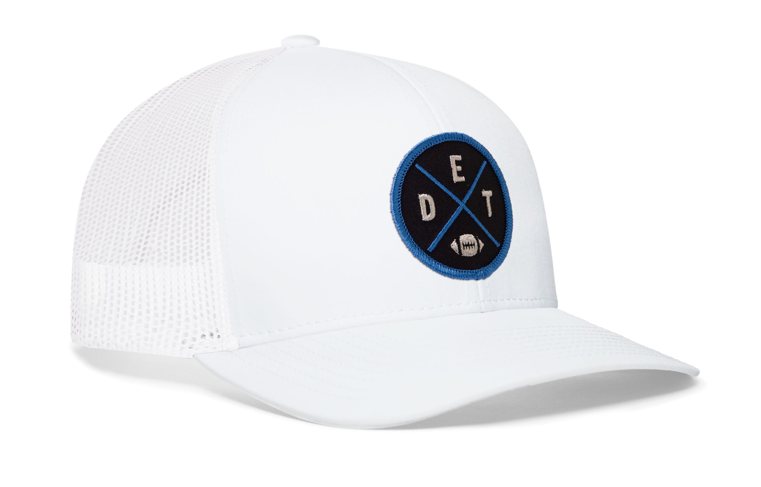 White trucker snapback cap with circular Detroit-style logo patch and side mesh panels