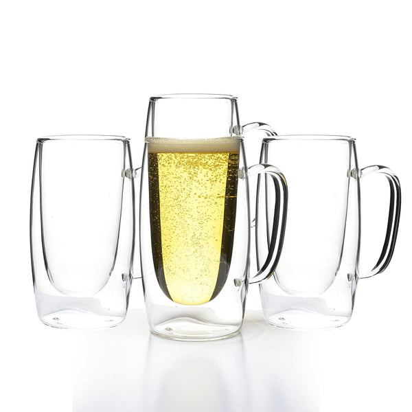 Double Walled Beer Drink Glass Mug with Handle - Set of 4 For the Bar Lemonsoda Set of 4