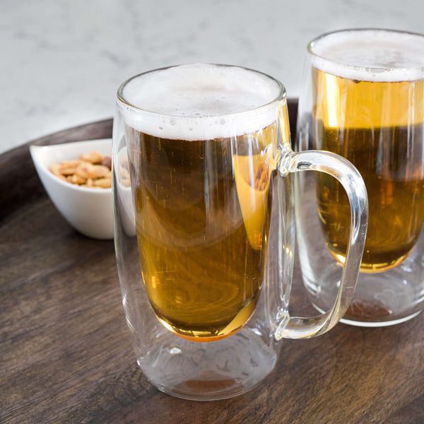 Double Walled Beer Drink Glass Mug with Handle - Set of 4 For the Bar Lemonsoda