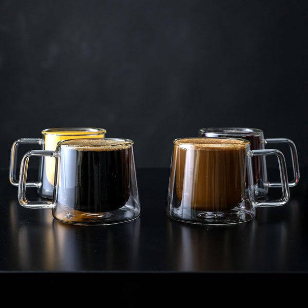 Double Walled Glass Coffee Drink Mug with Handle - Set of 4 - 8.5oz For the Bar Lemonsoda