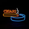 Cigars neon sign with cigar and ashtray outline, red and blue glow