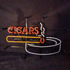 Cigars neon sign with cigar and ashtray outline on metal stand, orange and white glow