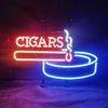 Cigars neon sign with cigar and ashtray outline, glowing blue and red