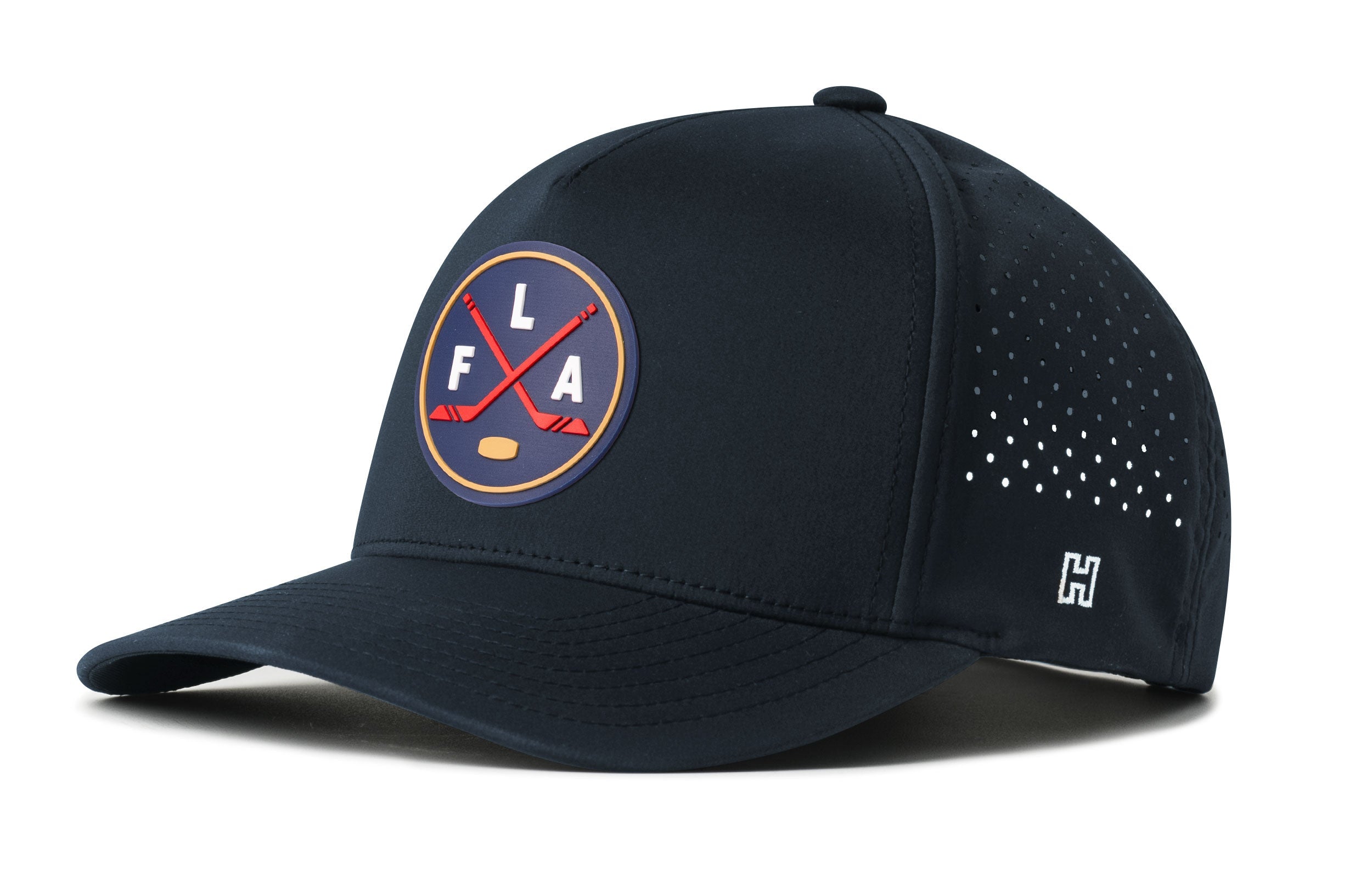 Dark navy 5-panel performance hat with circular FLA logo patch and perforated side